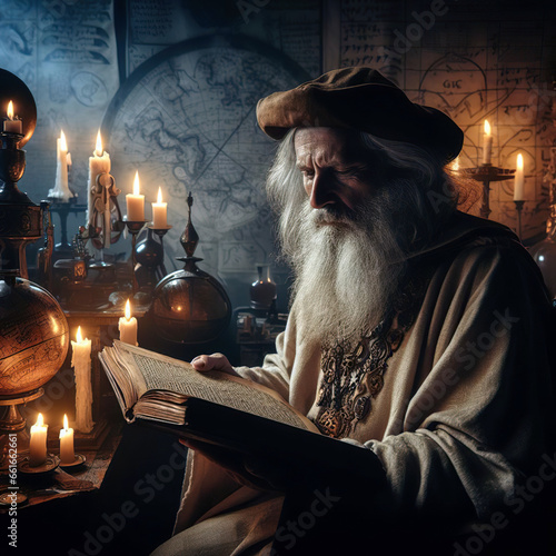 Nostradamus in his laboratory reading a mystery book.