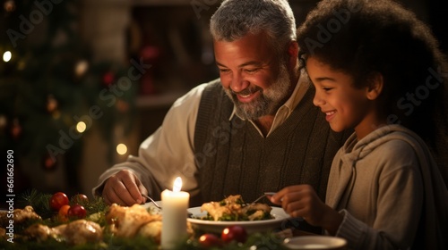 A family having a holiday dinner together. Generative AI. 