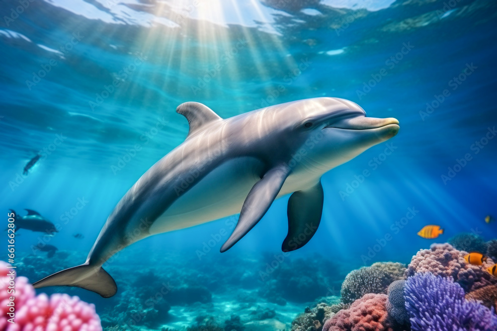 Dolphin underwater. Background with selective focus and copy space