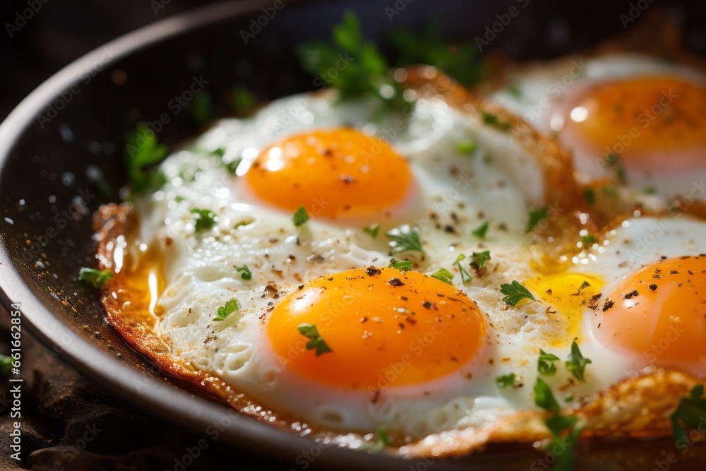 Fried eggs for breakfast. Background with selective focus and copy space Fried eggs for breakfast. Background with selective focus and copy space