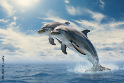 A family of dolphins emerging from the water. Background with selective focus and copy space