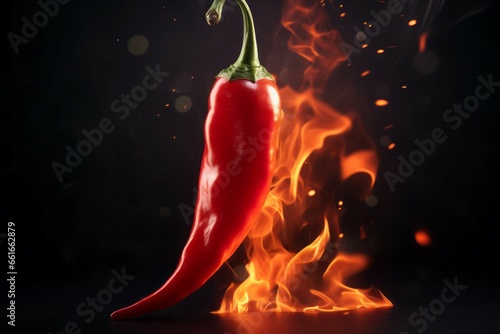 Red hot chili pepper on fire. Background with selective focus and copy space