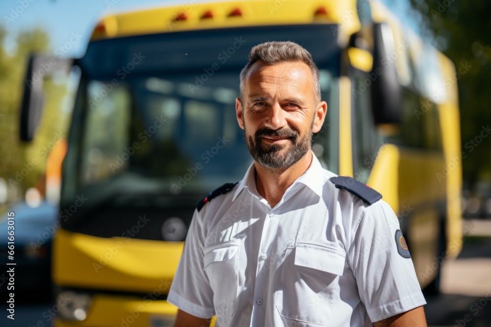 Bus or public transport driver. Top in-demand profession concept. Portrait with selective focus and copy space Bus or public transport driver. Top in-demand profession concept. Portrait with selective focus and copy space