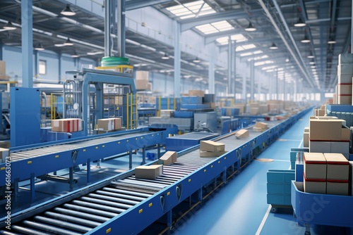 Modern warehouse with moving conveyor belt. Generative AI