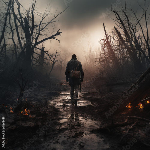 a lonely man wearing wasteland clothes walking through a dead forest while being followed by black smoke