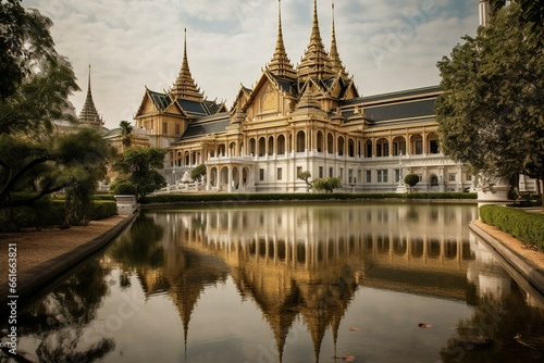 A grand palace with a clock tower and a serene pond in front. Generative AI © Althea