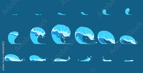Water splash for animation and visual effects. Splashing blue water sequence frame, motion design elements. Sea or ocean wave with drops and splatters. Cartoon Vector Illustration