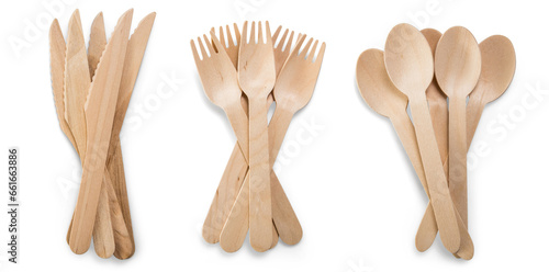 bamboo utensils, disposable spoon, fork, knife isolated on white © NesliHunFoto