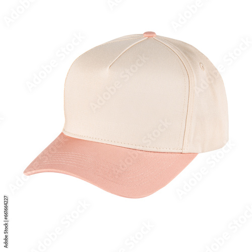 a blank baseball cap with cream, ivory color and pink, coral color, perfect for mock up design work