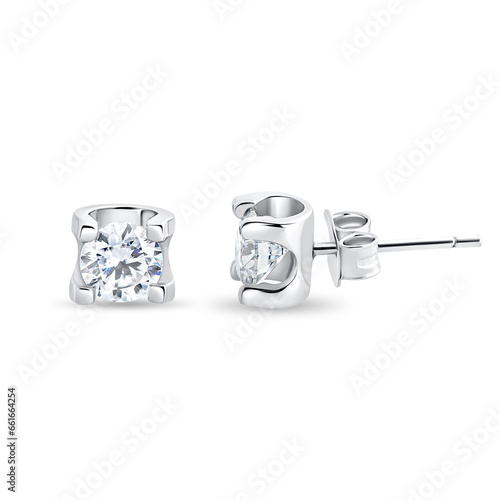 White gold diamond earrings studs, jewelry, isolated on white. perfect product photo