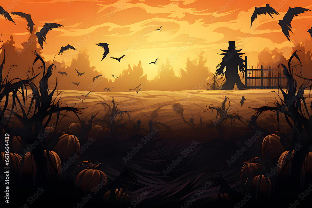 A sinister Halloween vector background with a haunted cornfield, scarecrows. Generative Ai.NO.04