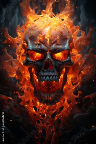 A decorative skull surrounded with fire. 
