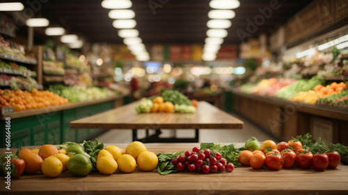 Empty wooden table with greengrocer and supermarket background for product display with space for text 