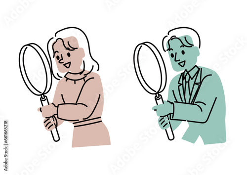 大きな虫眼鏡でのぞいているビジネスマンの女男女のイラスト