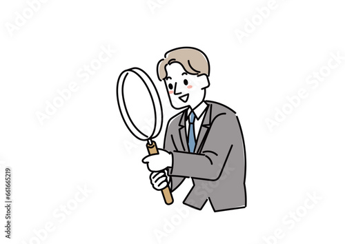 大きな虫眼鏡でのぞいているビジネスマンの男性のイラスト