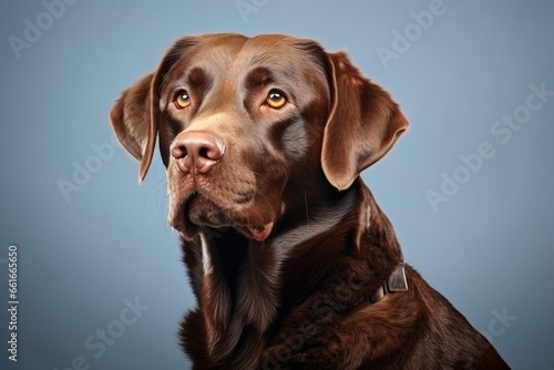 Labrador retriever dog in chosodate color posing in studio isolated on white Signifies animals pets veterinary care and companionship Space available for adver © LimeSky