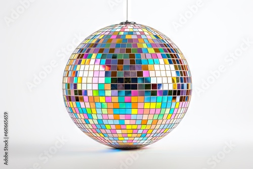 Large mirrored sphere with colorful reflections on white background