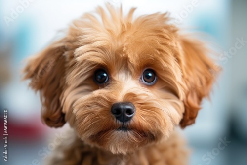 Maltipoo dog with kind eyes and brown fur posing over white background looking healthy and happy