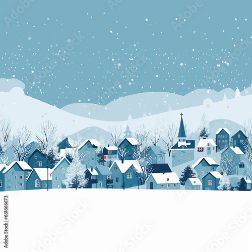 Winter village landscape with houses and snowflakes. Vector style illustration.