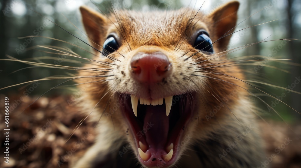 Aggressive squirrels displaying ferocity is rare. Its mouth opened wide