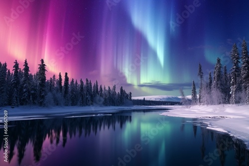 Stunning winter scenery with vibrant blue and pink hues showcasing the frozen lake beneath the mesmerizing aurora. Generative AI © Cedric
