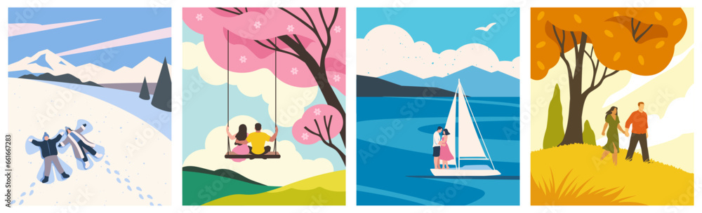 Naklejka premium Beautiful hand drawn wallpapers, cards or posters collection with landscapes in four seasons seasons. Loving couples and their romantic pastime outdoors. Set of flat vector illustrations