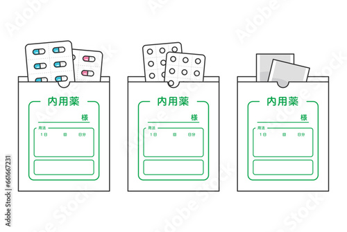 カプセル、錠剤、粉薬のイラストセット