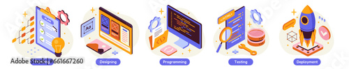 Programming company banner or web template design. Computer software and programs planning, designing, programming, testing, optimizing, launching product. Set of Vector illustrations for landing page