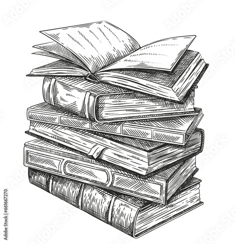 Pencil-drawn stack or pile of books. Hand Drawn Vintage Sketch. Vector Illustration
