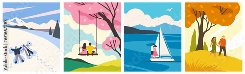 Beautiful hand drawn wallpapers, cards or posters collection with landscapes in four seasons seasons. Loving couples and their romantic pastime outdoors. Set of flat vector illustrations