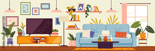 Cozy Living room interior. Comfortable apartment with sofa, chair, paintings, TV, lustre, window and house plants. Flat vector illustration