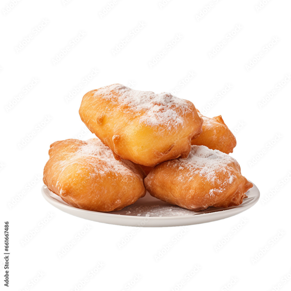 deep-fried dough with powdered sugar isolated on white background, ai generated