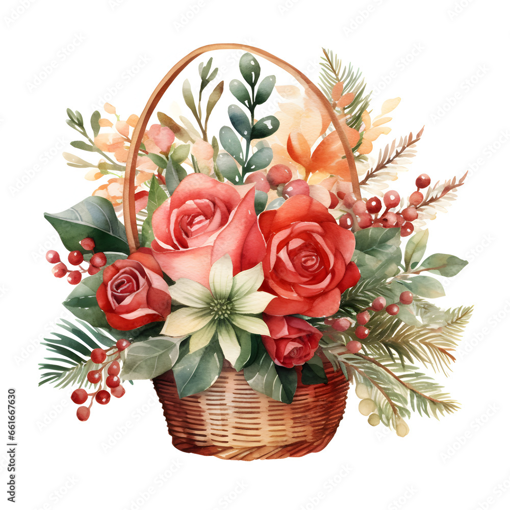Cute watercolor Christmas flowers in basket, bouquet, roses, floral, on white background, clip art, red, pink, green, white, rose gold, greeting card, illustration