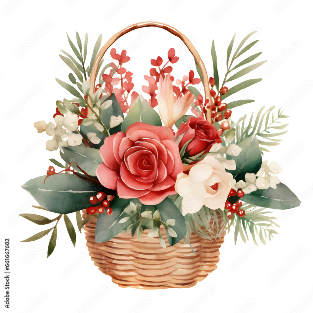 Obraz premium Cute watercolor Christmas flowers in basket, bouquet, roses, floral, on white background, clip art, pink, green, white, rose gold, greeting card, illustration