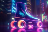 Rollerskate in futuristic style, nostalgic neon lights, vibrant colors, photorealistic city illustration. Generative AI