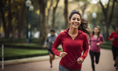 Hermosa mujer joven, latina, de cabello castaño, ejercitándose, corriendo en un parque de la Ciudad de México photo