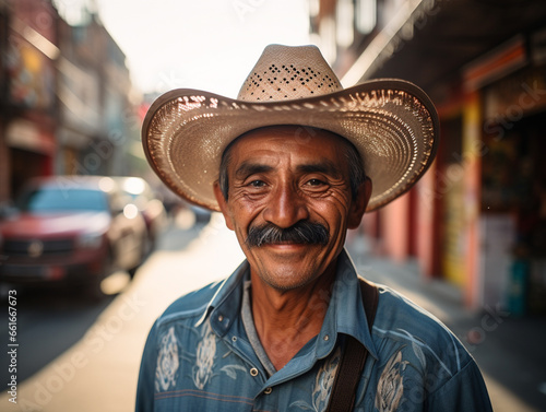 Hombre mayor mexicano, de piel morena, bigote y sombrero de vaquero, usando una camisa, posando en las hermosas calles de la Ciudad de México