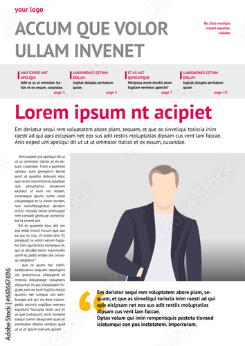 print magazine, journal, tabloid, publication, annual report mockup with pink headers, four columns, article, A4, editable text