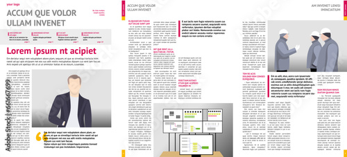 print magazine, journal, tabloid, publication, annual report mockup with pink headers, four columns, article, A4, editable text