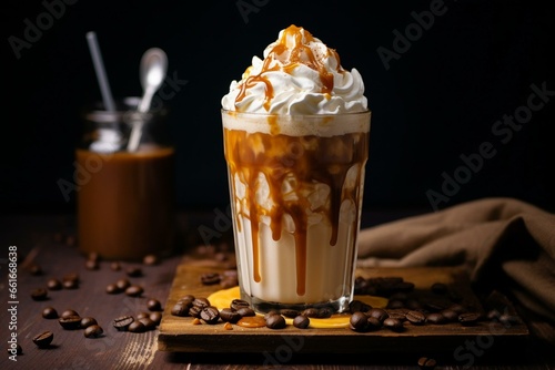 a delicious iced coffee with sweet caramel and creamy whipped topping. Generative AI