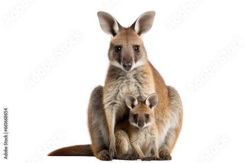 Wallaby Caring for Her Young on isolated background
