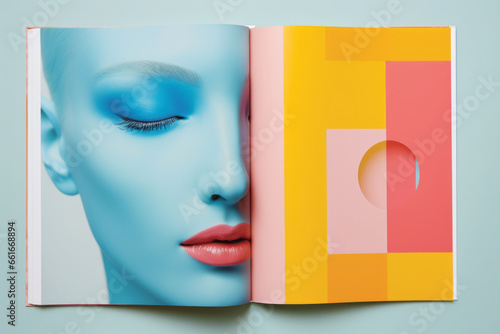 An open magazine about beauty and fashion. Space for text.