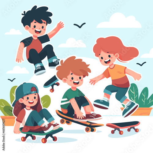 Vector cute children playing with skateboard cartoon illustration