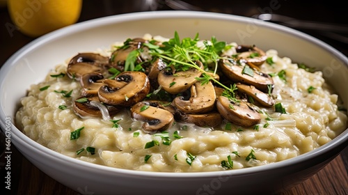 Creamy rice with mushroom topping on the table AI Generative