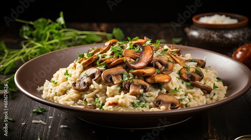 Creamy rice with mushroom topping on the table AI Generative