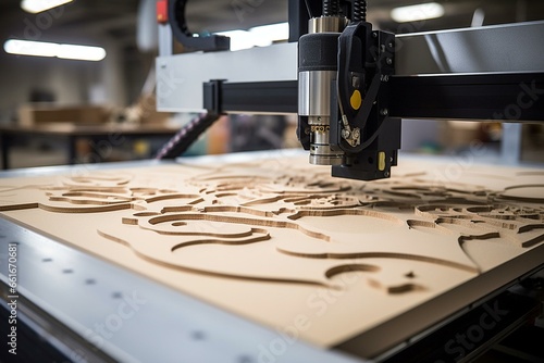 Two CNC machine cuts different-shaped blanks on a plywood sheet. Generative AI