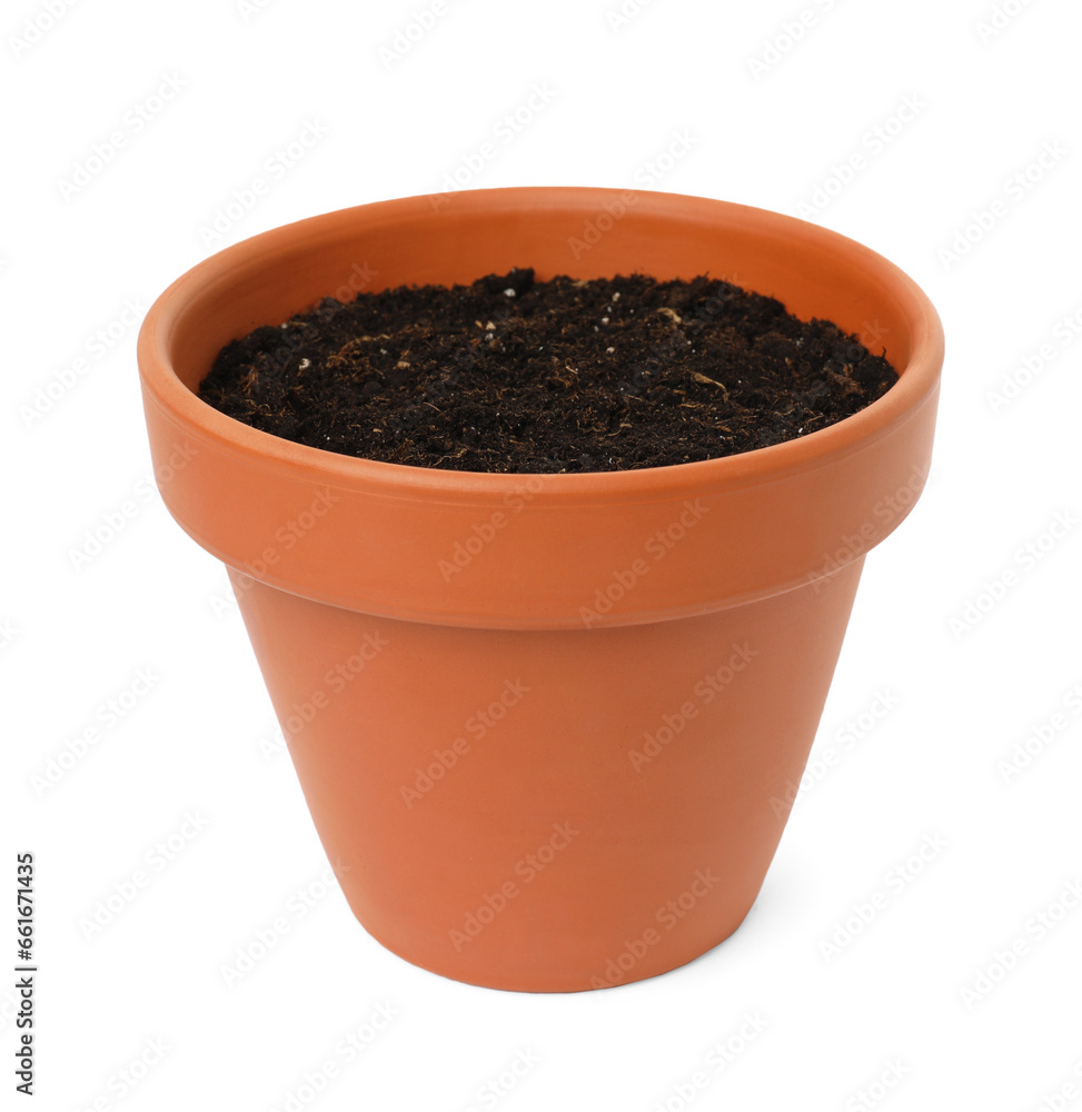 Clay flower pot with soil isolated on white Clay flower pot with soil isolated on white