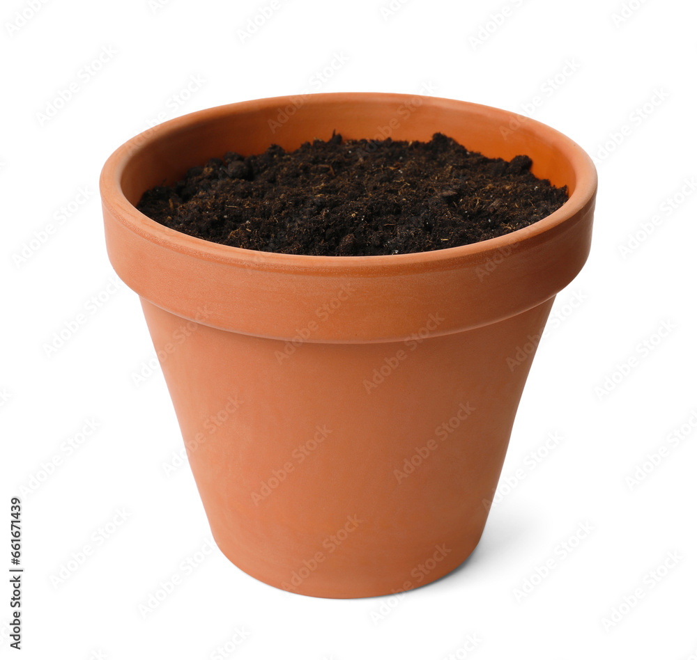 Clay flower pot with soil isolated on white Clay flower pot with soil isolated on white