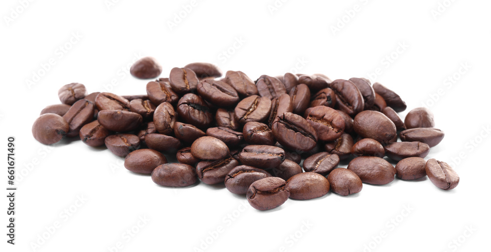 Pile of roasted coffee beans isolated on white Pile of roasted coffee beans isolated on white