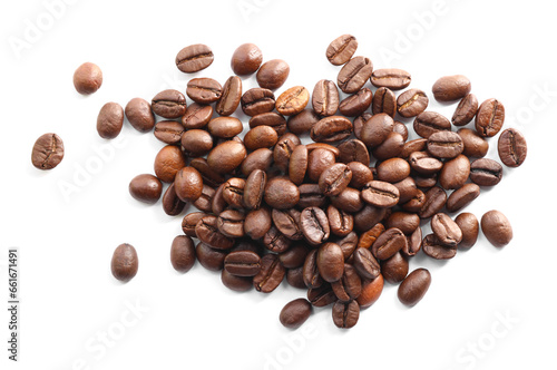Pile of roasted coffee beans isolated on white, top view